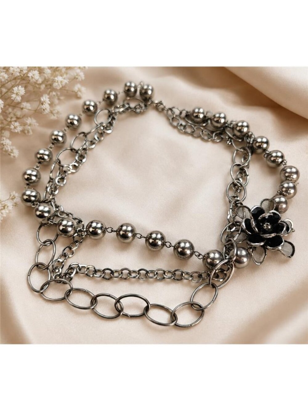 Vintage Floral Statement Necklace Silver Tone Ball Bead Layered Chain 21 in